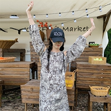水墨印花露肩连衣裙女春季2025新款法式气质小心机茶歇度假风长裙，女装连衣裙，2C037