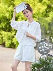夏季时尚轻薄防晒套装女2025新款宽松休闲长袖立领衬衫短裤两件套，女装套装/套裙，尚娜萱