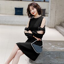 现货2024秋装新款韩版拼纱灯笼袖纯色连衣裙女蝴蝶结烫钻A字裙图片