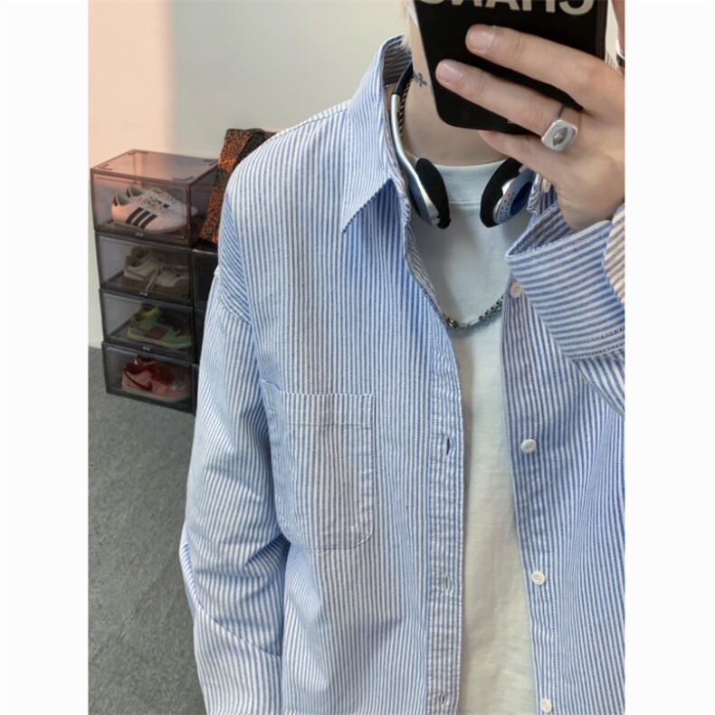 长袖男士秋季衬衫宽松日系帅气衬衣常规款春秋条纹,男装衬衫,星座1302