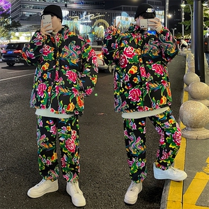 东北大花棉衣套装风汉服套装加厚保暖防寒棉服加绒裤机车H203图片