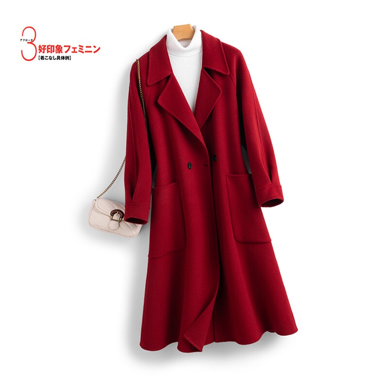 秋冬新款绵羊毛双面呢大衣长款女士收腰显瘦羊毛呢外套，女装双面呢大衣，温鑫双面呢