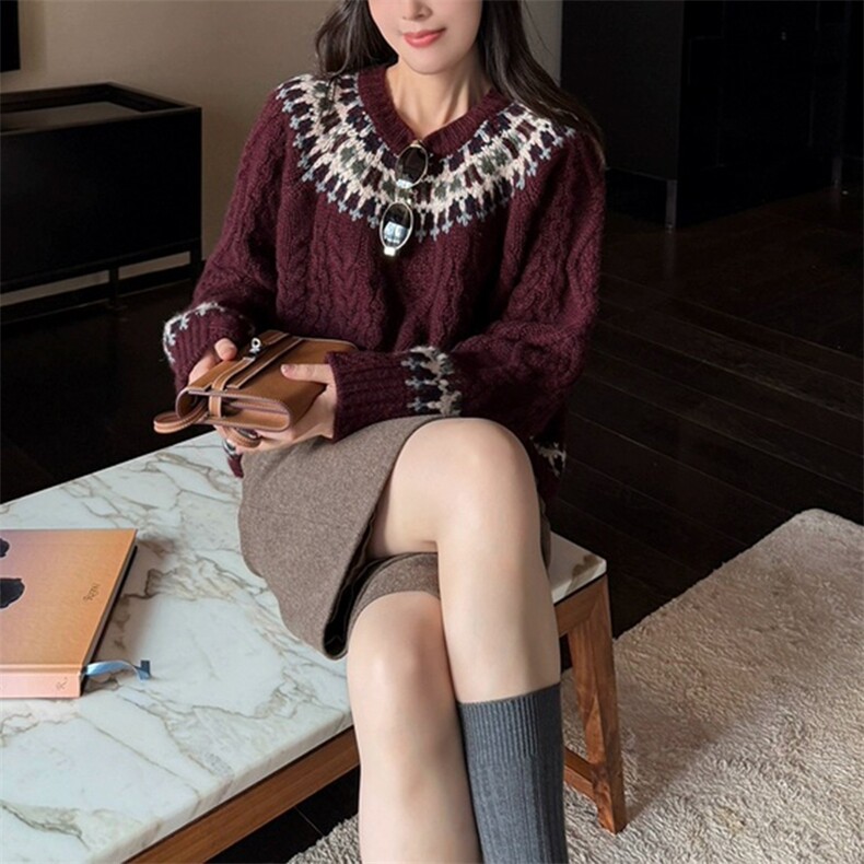2025年秋季时尚百搭休闲费尔岛3股加厚圆领套头，女装羊毛衫，新胜羊绒