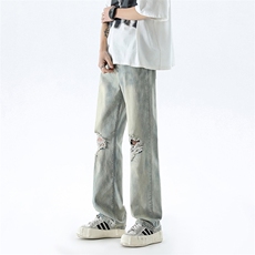 B221美式ins高街暗黑修身破洞弹力牛仔裤LK24182-P65控88，男装牛仔裤，电商B221