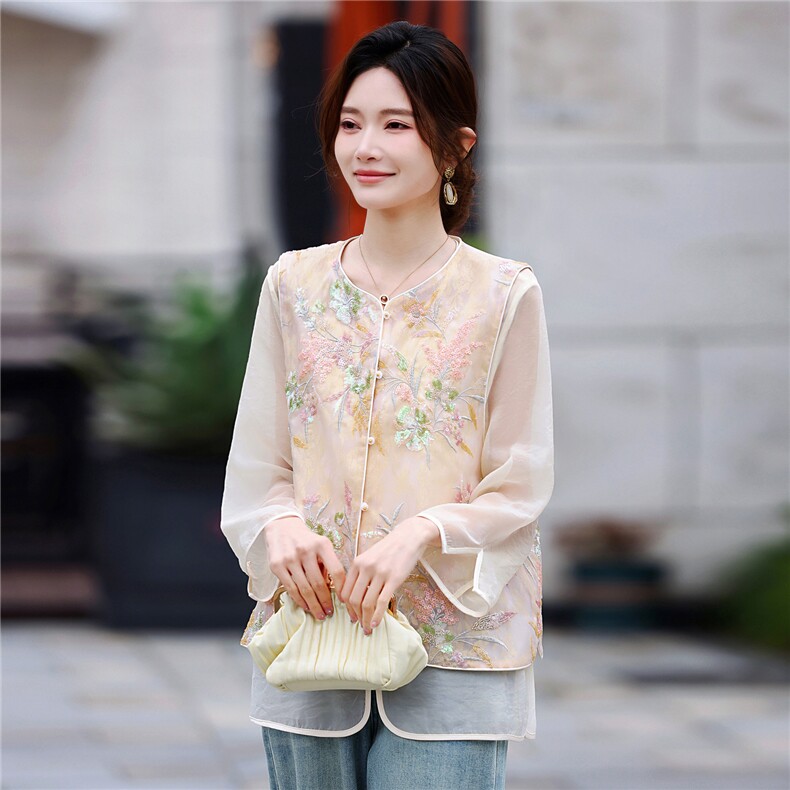 重工钉珠刺绣新中式风背心套装女2026年春夏新款搭配两件套，女装套装/套裙，鑫源服饰