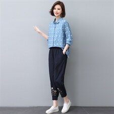 套装女2022秋季新款时尚休闲妈妈两件套牛仔绣花，女装大码女装，奕阳依阁