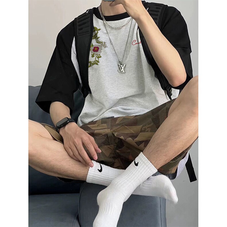 抖音得物高品质二开240克宽松纯棉美式潮牌插肩袖拼接短袖T恤，男装T恤，电商A486-1