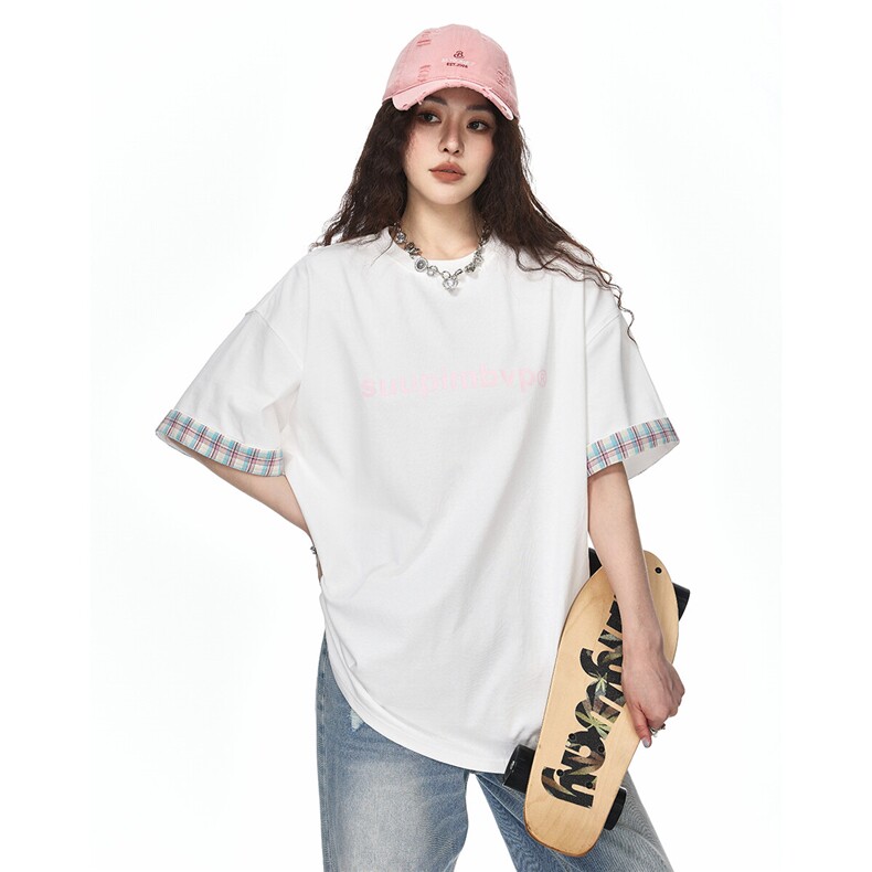 不侵权女模403-TX188-P42控68格纹拼接纯棉短袖t恤男潮牌半袖,男装T恤,星座403（原603-1）