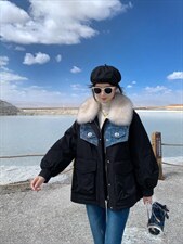 『现货』牛仔拼接派克羽绒服可拆卸，女装羽绒服，百妹仟红