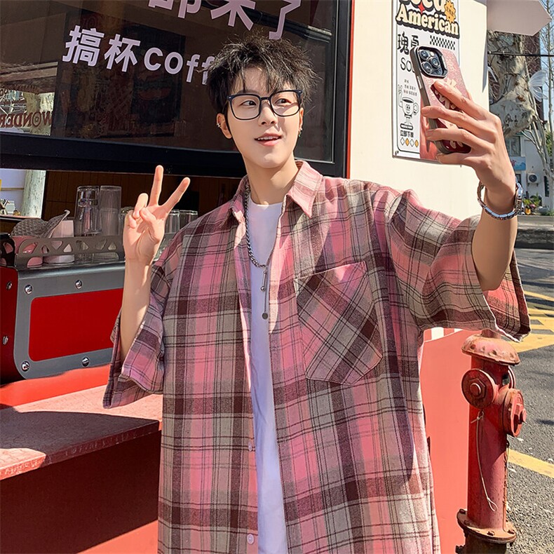 短袖衬衫男夏季新款磨毛格子衬衣DX716-特批26无差价,男装衬衫,星座214-3