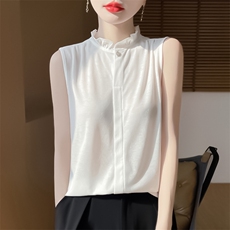 无袖女夏季木耳领袖衫宽松简约百搭纯色女上衣，女装针织衫/毛衣，绒宛羊绒