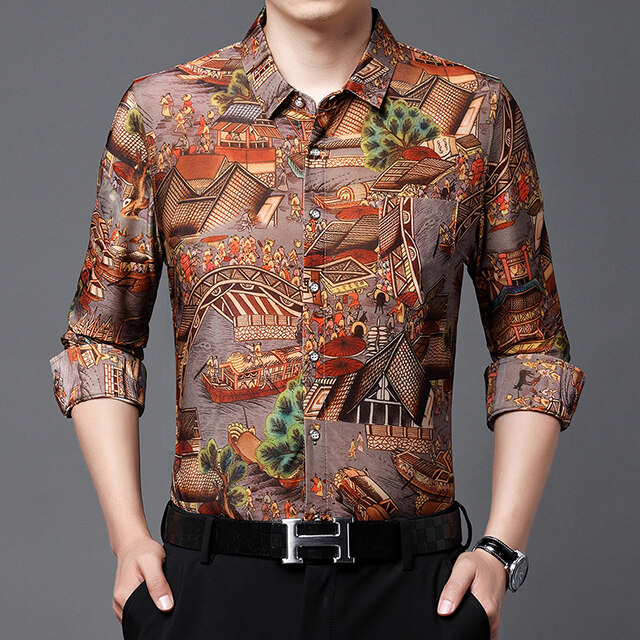 男士长袖金丝绒衬衫真口袋花衬衫衣春秋中年宽松弹力,男装衬衫,钱塘6003（原4033）