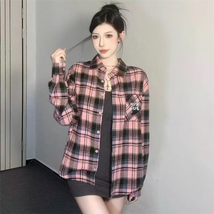 C59-P32 港风复古粉色格子衬衫女休闲上衣宽松型五分袖图片