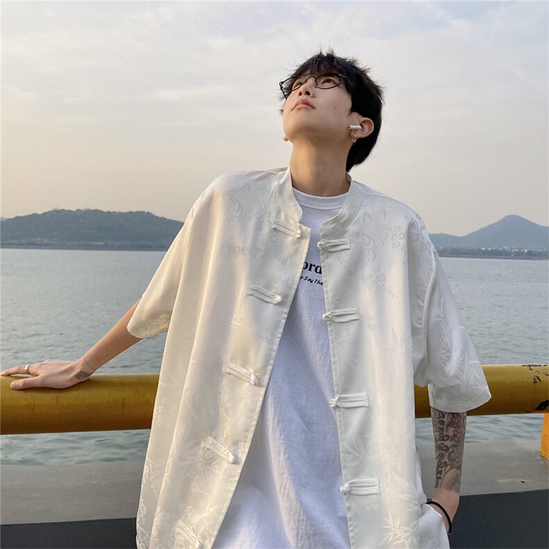 新中式男痞帅高级感衬衣潮盘扣复古短袖衬衫812-CY518-P50控68,男装T恤,星座812