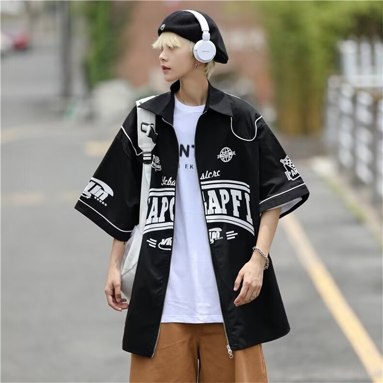 夏季休闲机车风短袖拉链青少年男女衬衫小众高街宽松工装衬衣潮，男装衬衫，星座1210-1