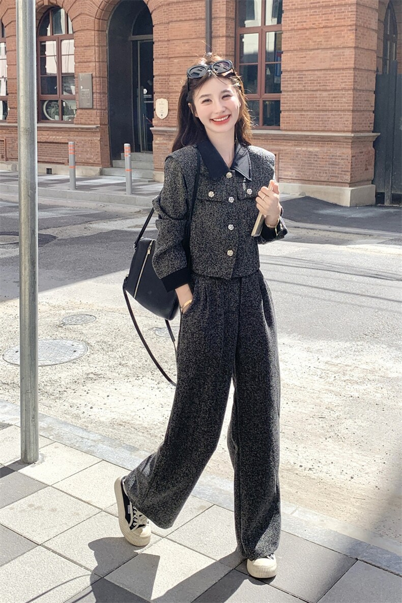 法式复古毛呢短外套高腰阔腿裤套装女2025秋新款高级感显瘦两件套,女装套装/套裙,2B237