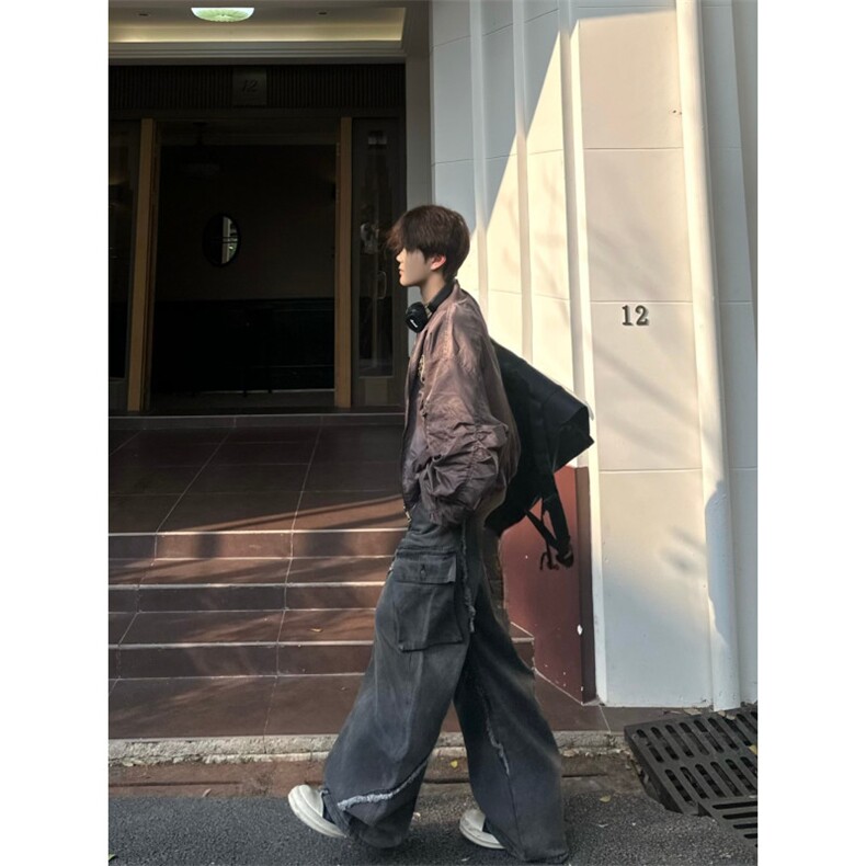 美式复古水洗做旧朋克毛边修身喇叭工装裤女NZ603-P60,男装工装外套,星座308B-2