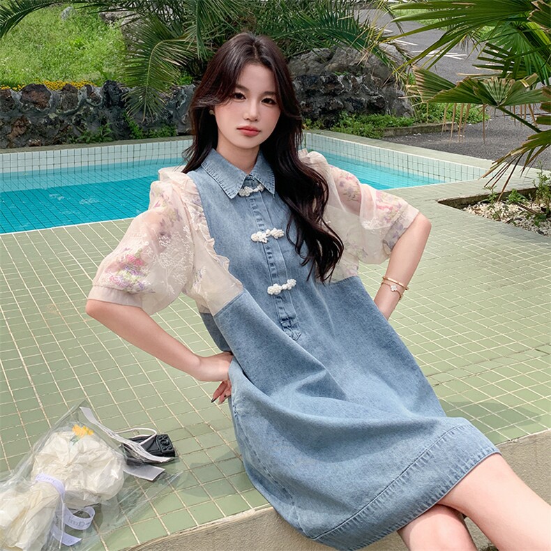 夏季牛仔拼接连衣裙中长款女,女装连衣裙,浙宝069