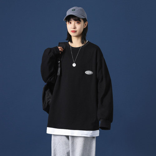 21秋季款中性假两件长袖T恤女宽松落肩袖衬衫DS-A160-1-T104-P35,男装T恤,电商C323-1