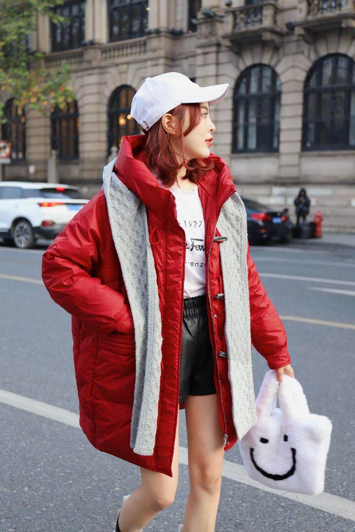 2021早冬上新拼羊毛针织帽围巾两件套设计长款90白鸭绒羽绒，女装，红雀纺