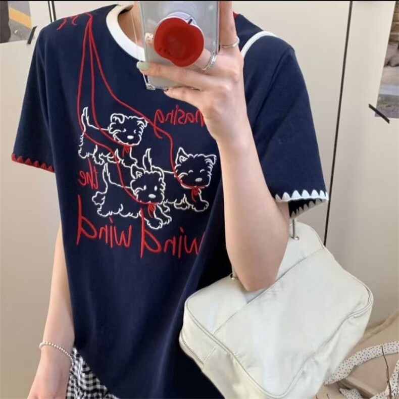 H0676-P35刺绣纯棉夏日透气休闲宽松短袖T恤图片