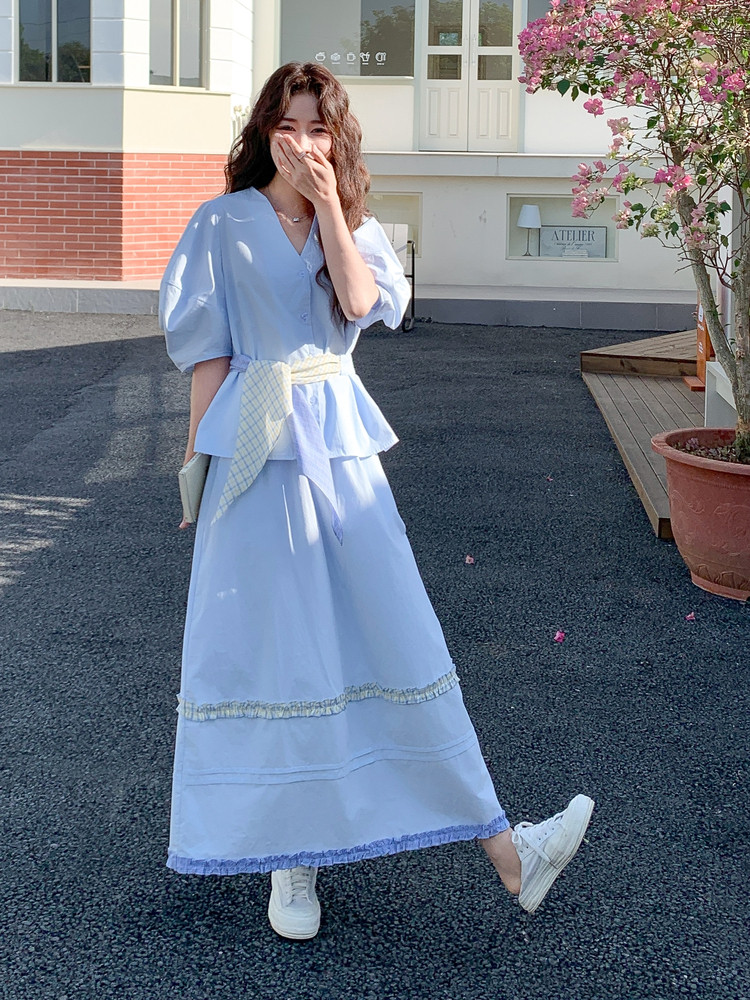 蓝色法式气质套装裙女2025夏季新款超好看泡泡袖上衣半身裙两件套,女装套装/套裙,慧尚依恋
