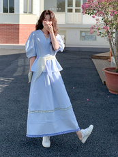 蓝色法式气质套装裙女2025夏季新款超好看泡泡袖上衣半身裙两件套，女装套装/套裙，慧尚依恋