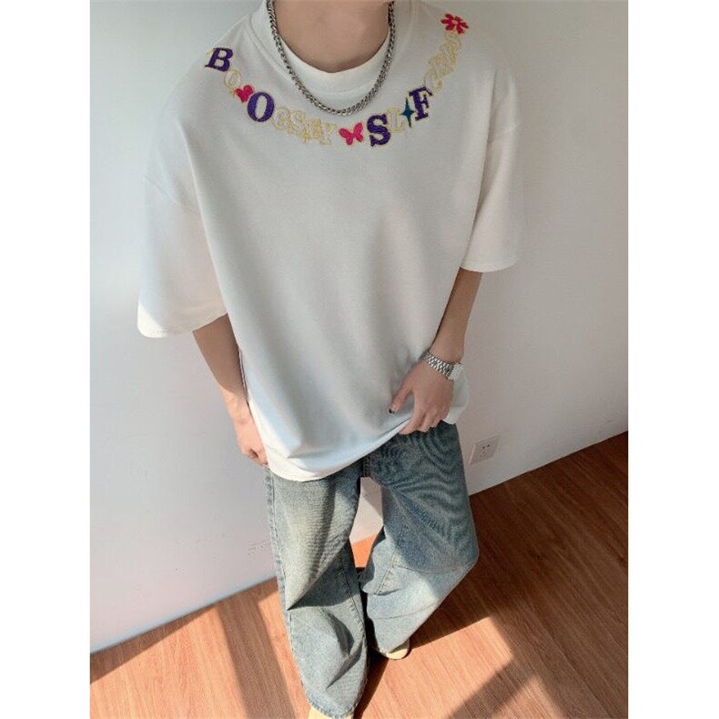 BN0127-P40潮牌项链刺绣重磅短袖男女夏季宽松纯棉小众高街T恤,男装T恤,电商C233