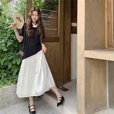设计感撞色裙子2025夏季新款女时尚百搭显瘦圆领拼接荷叶边连衣裙，女装连衣裙，2C032