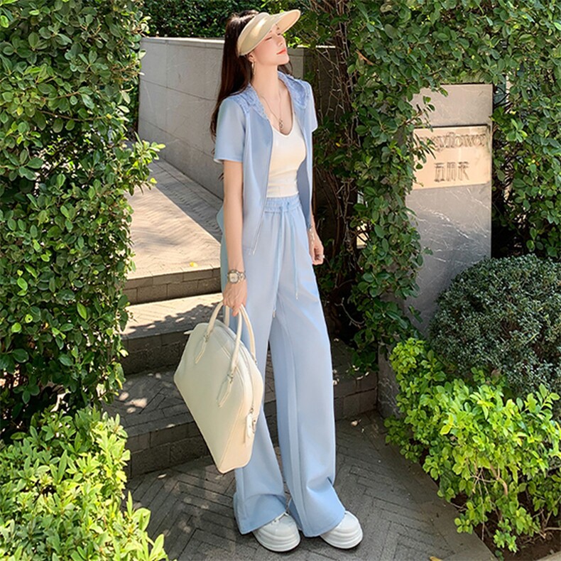 港风休闲时尚套装女夏季新款高级感显瘦连帽卫衣阔腿裤运动两件套,女装套装/套裙,2C310