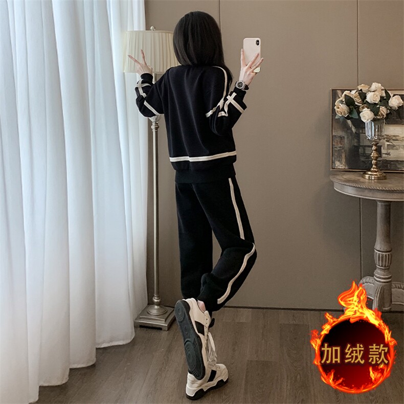 女秋冬新款宽松撞色圆领卫衣卫裤两件套,女装套装/套裙,江南