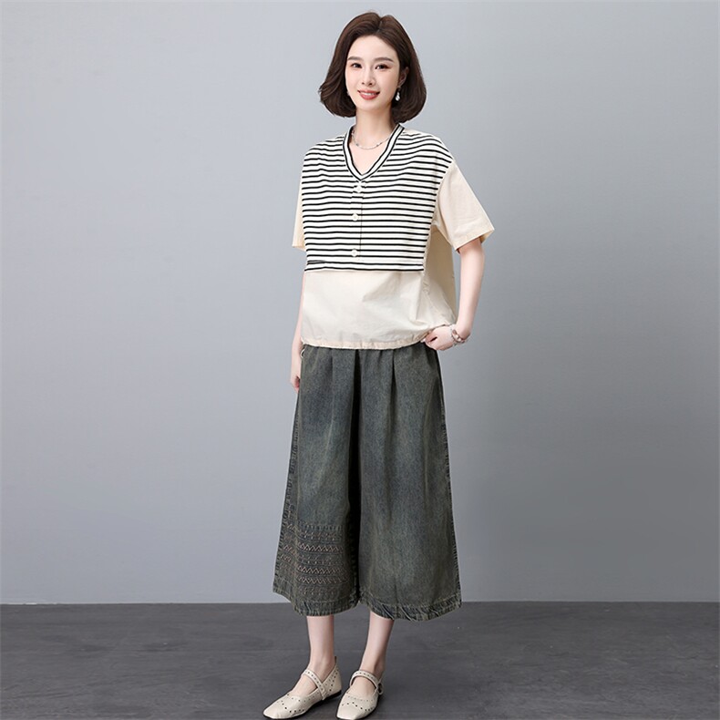 时尚条纹短袖上衣+阔腿裤套装显瘦百搭气质女装两件套,女装套装/套裙,叶笙衣
