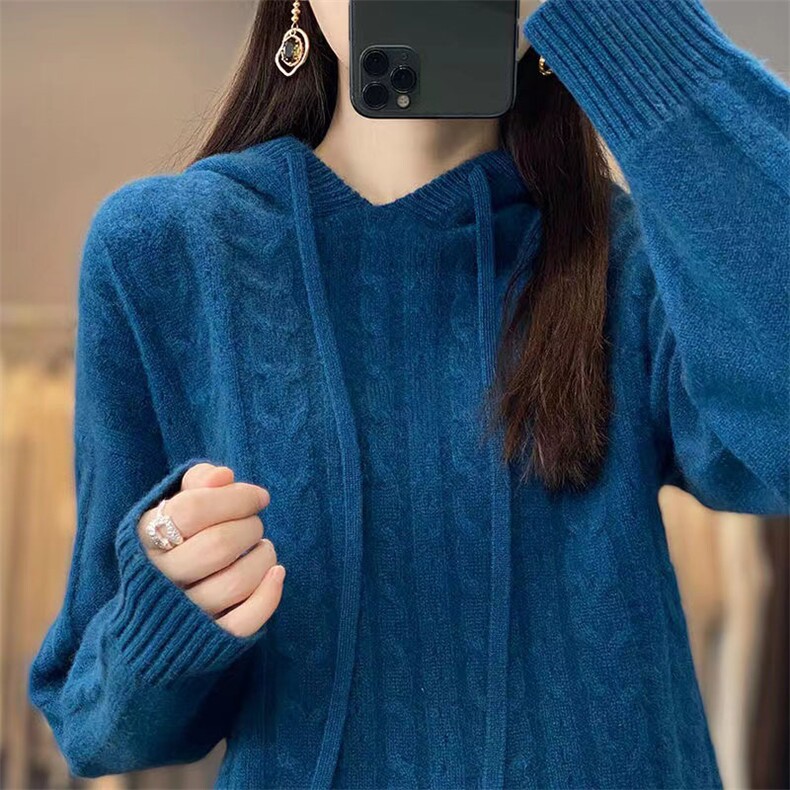 韩版慵懒风连帽针织衫女宽松显瘦纯色毛衣外套秋冬新款潮流,针织衫/毛衣,萱芳婷羊绒