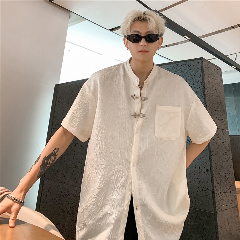 新中式男装痞帅衬衫男短袖韩版休闲衣服高级感免烫衬衣潮帅P48,男装衬衫,电商C307