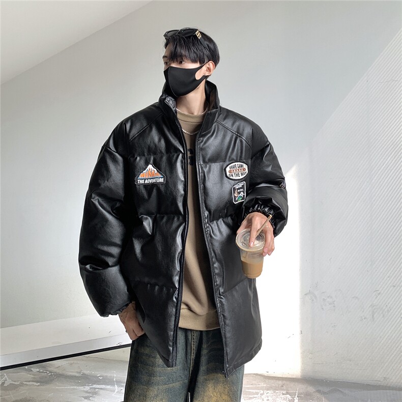 23冬装新品美式立领情侣宽松棉服加厚pu皮棉衣外套男D333P118,男装皮衣,电商A335-1（原A458）