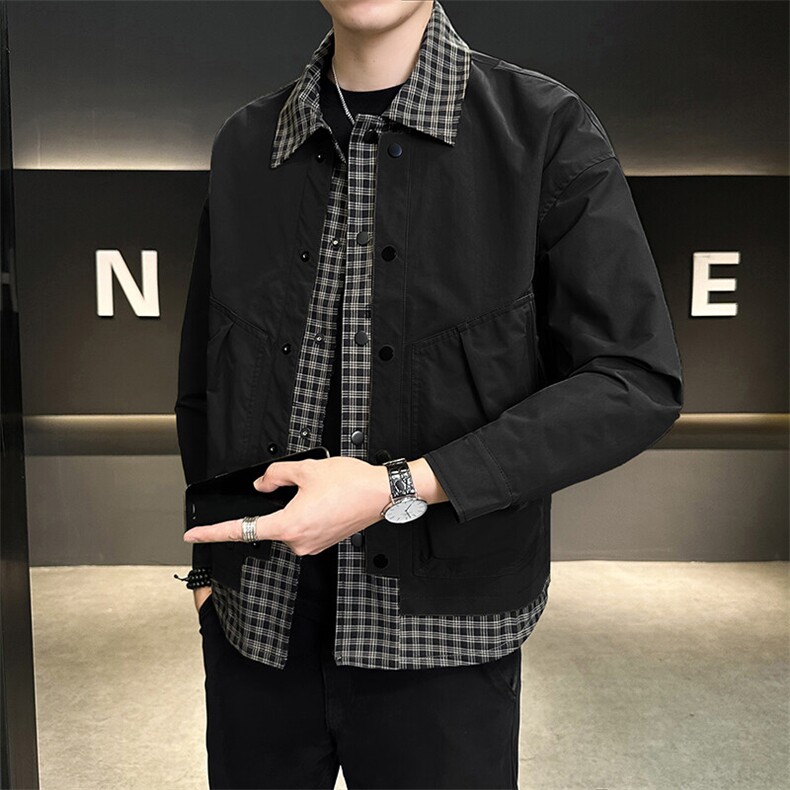 淘系男士高端格子拼接假两件工装夹克外套A329-JK2416-P90，男装夹克，电商A329