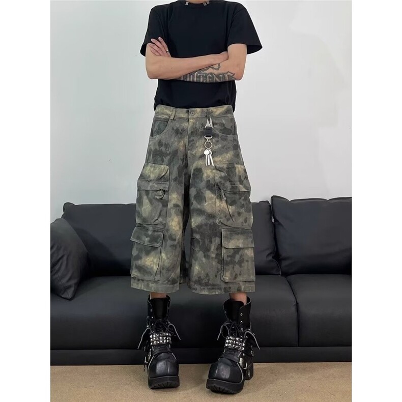 美式复古迷彩晕染多口袋休闲短裤男女同款夏季宽松直筒阔腿七分裤,男装牛仔裤,星座506A