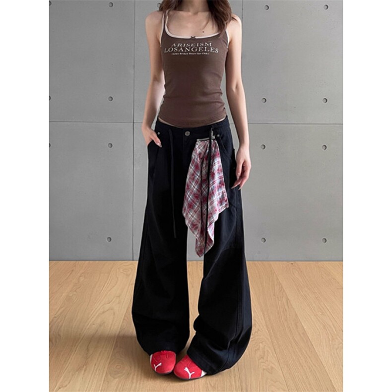 美式复古格子方巾拼接牛仔裤女街头宽松褶皱设计感裤子潮NA160,男装牛仔裤,星座1116A（原606A-3）