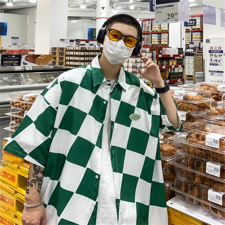 C6071/P35夏季新款格子冰丝短袖衬衫男女潮休闲衬衣宽松大码上衣,男装衬衫,电商A141