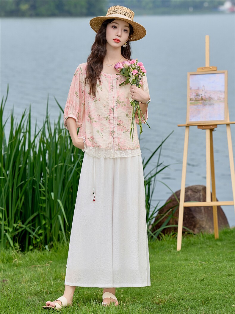 2026年夏季时尚优雅印花小衫阔腿裤套装两件套女,女装套装/套裙,依路服饰