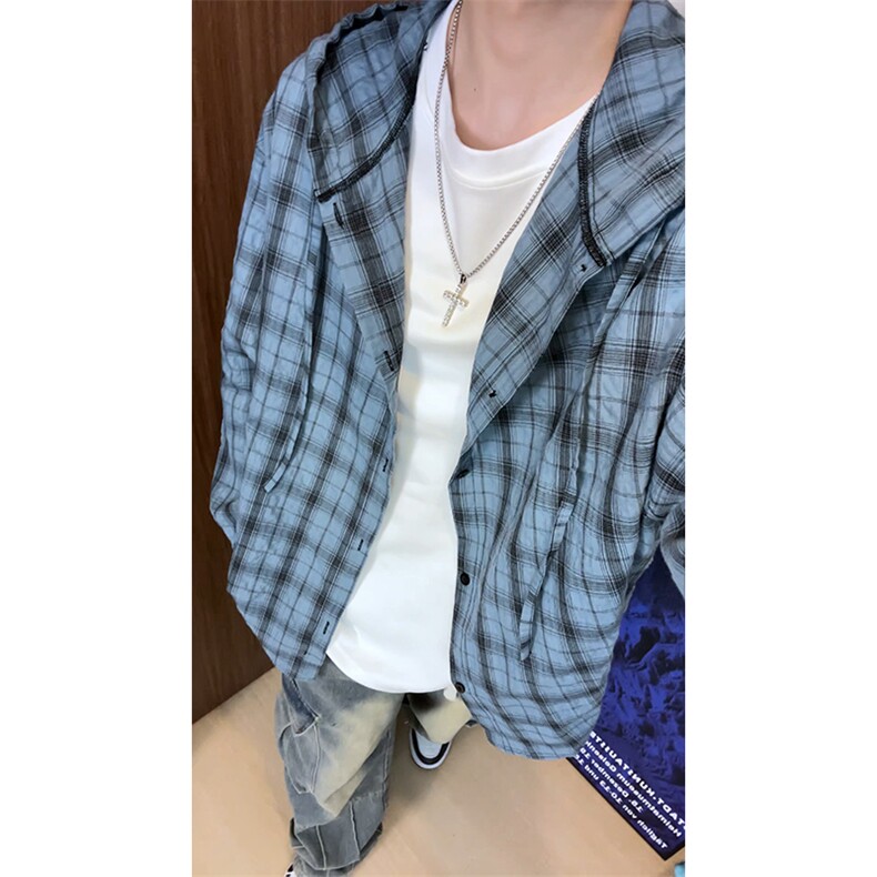 连帽格子长袖衬衫男女宽松衬衣防晒外套美式复古C2238-特价P33,男装防晒衣,电商A007
