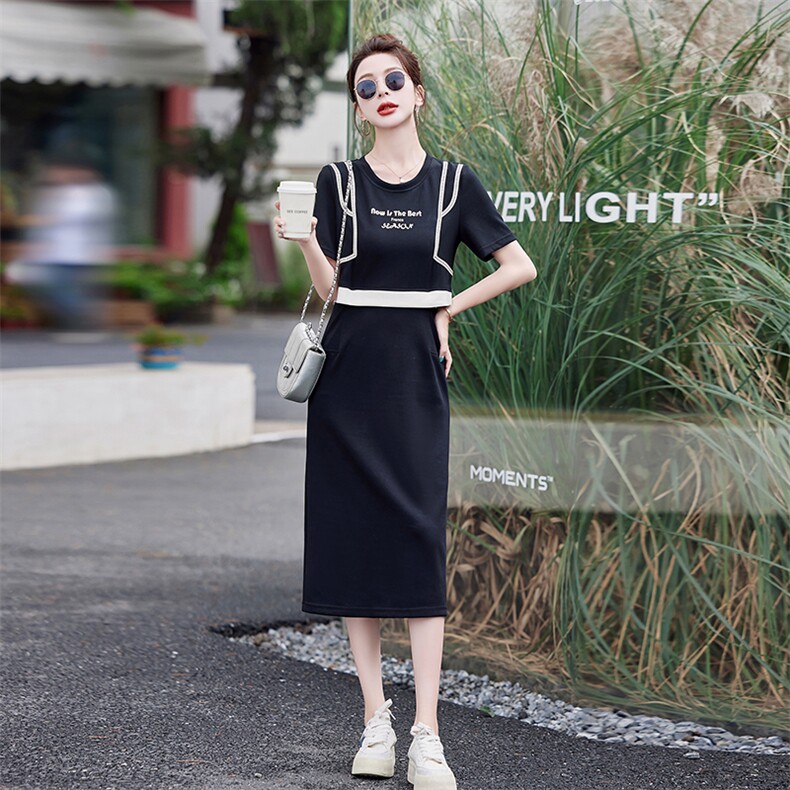 小馨家【新品】气质优雅韩版时尚中长款拼色连衣裙,女装连衣裙,尚洛菲