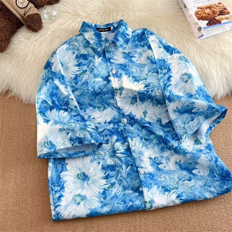 夏季设计感小众碎花冰感短袖衬衫印花沙滩衬衣港风宽松上衣CS8015,男装衬衫,星座1013