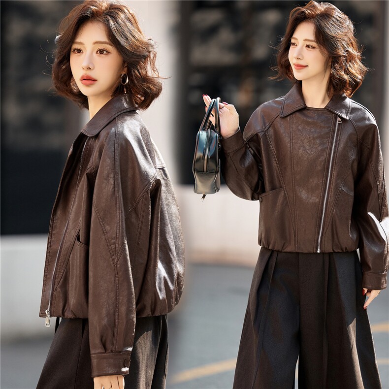 妖精的口袋复古棕色皮衣女2026春秋季新款高级感甜酷短款夹克外套,女装皮衣,潮流依族