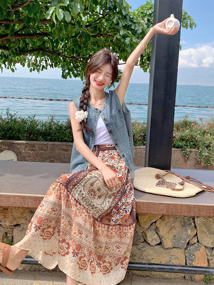 收腰单排扣牛仔马甲印花半身裙套装女2025夏季气质淡人穿搭两件套,女装运动套装,浙宝285（原212）
