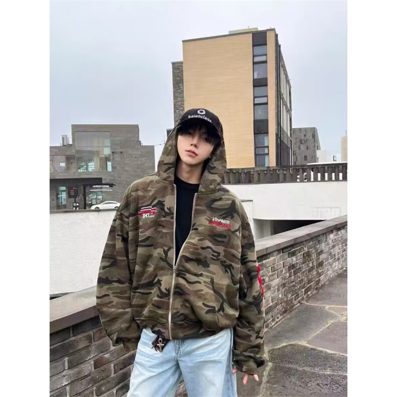 2025美式迷彩刺绣连帽卫衣外套男冬季宽松休闲加绒夹克WB607-P60,男装夹克,星座412-3