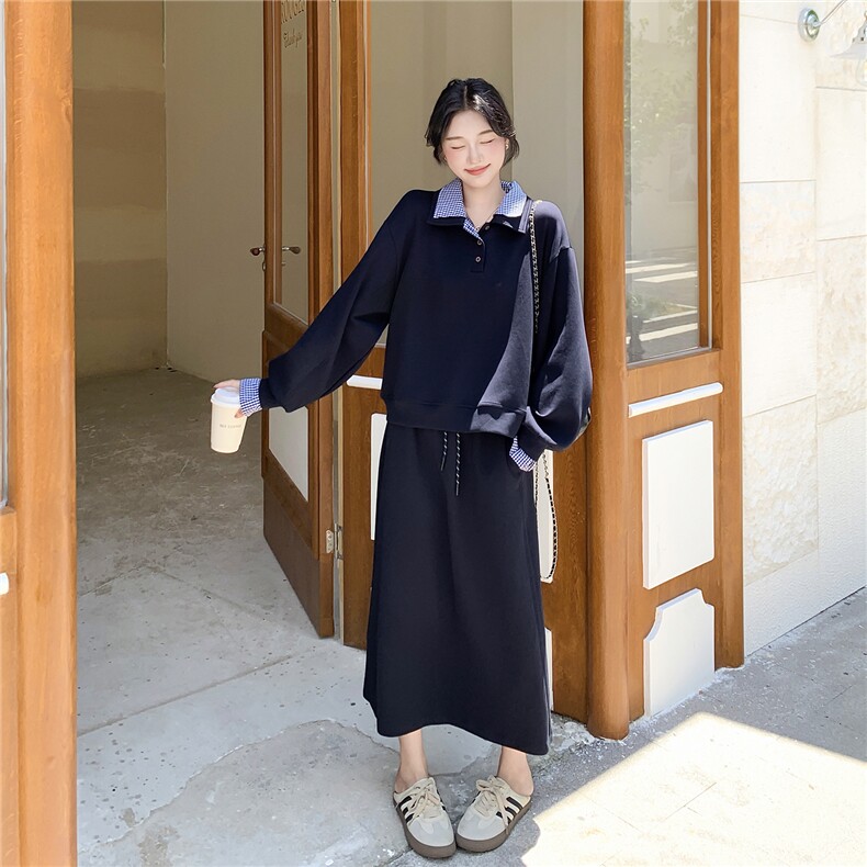 慵懒风穿搭格子拼接卫衣套装女秋季2025新款休闲显瘦半身裙两件套,女装套装/套裙,2C293