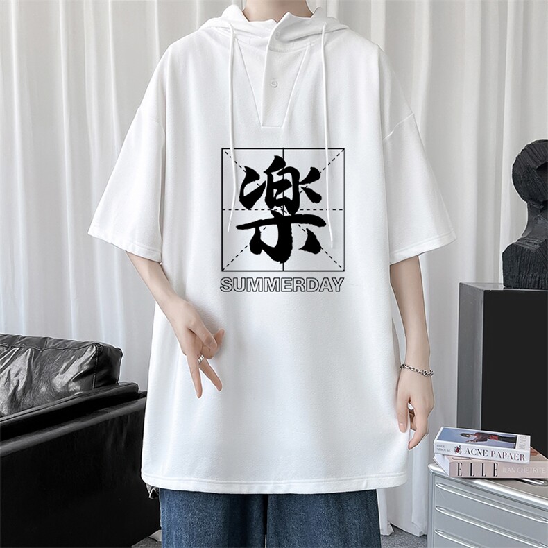 LD54197-P45连帽短袖t恤男大码胖子带帽五分袖中袖,男装T恤,电商A040
