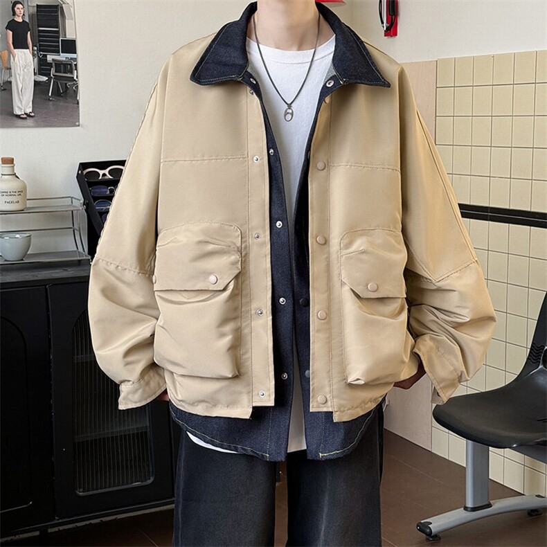 假两件牛仔拼接夹克男宽松休闲大口袋翻领工装外套JK2052-P73，男装夹克，星座308B-1