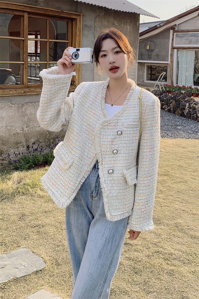 韩系法式白色小香风外套女2024春季新款小个子高级感气质短款上衣,女装短外套,2C037